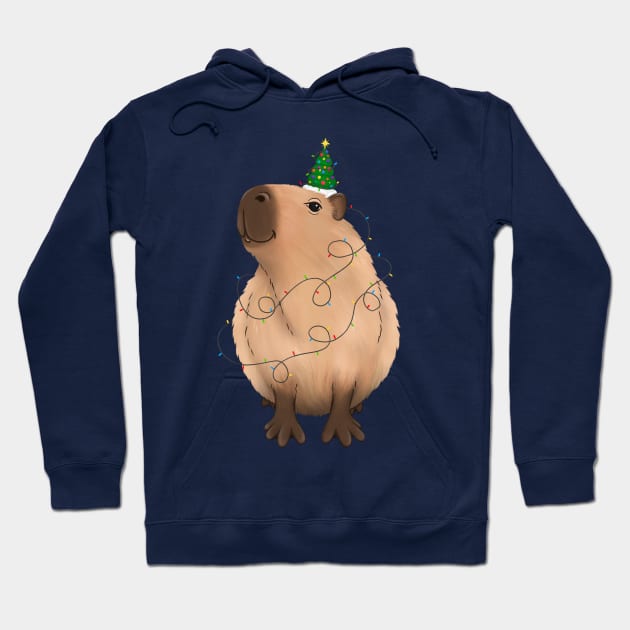 Christmas light up Capybara with string lights and a tree hat Hoodie by illograph